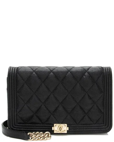 Pre-owned Chanel Black Shiny Quilted Calfskin Boy Wallet On Chain (authentic Pre-loved)