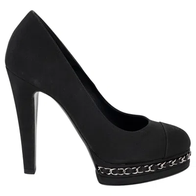 Pre-owned Chanel Black Silk 15c Dubai Chain Trim Platform Pumps Shoes 38.5