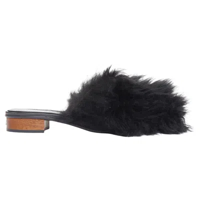 Pre-owned Chanel Black Silver Cc Logo Mongolian Lamb Fur Fluffy Slippers Eu37.5