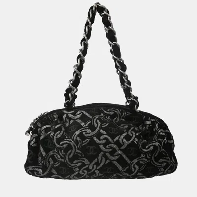 Pre-owned Chanel Black Silver Cotton Jacquard Chain Handbag