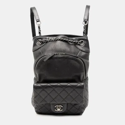 Pre-owned Chanel Black Small Cc Calfskin Drawstring Flap Backpack