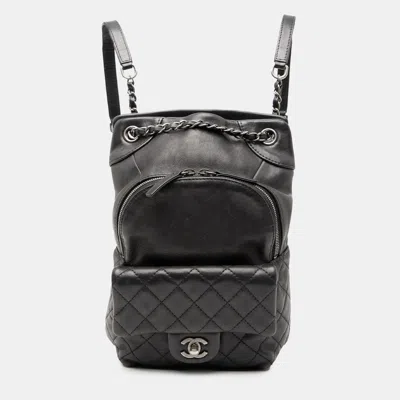 Pre-owned Chanel Black Small Cc Calfskin Drawstring Flap Backpack