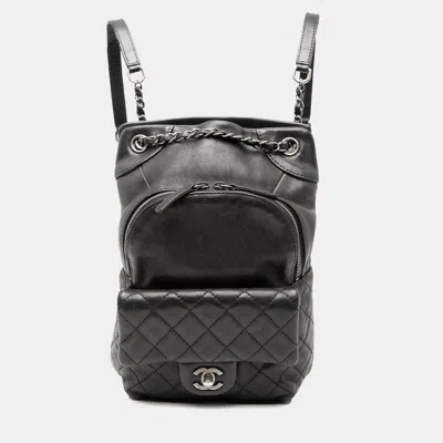 Pre-owned Chanel Black Small Cc Calfskin Drawstring Flap Backpack