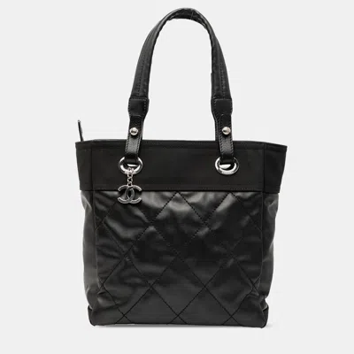 Pre-owned Chanel Black Small Quilted Coated Canvas Paris Biarritz Tote
