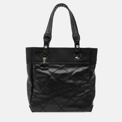 Pre-owned Chanel Black Small Quilted Coated Canvas Paris Biarritz Tote