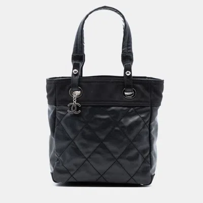 Pre-owned Chanel Black Small Quilted Coated Canvas Paris Biarritz Tote