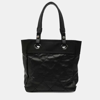 Pre-owned Chanel Black Small Quilted Coated Canvas Paris Biarritz Tote