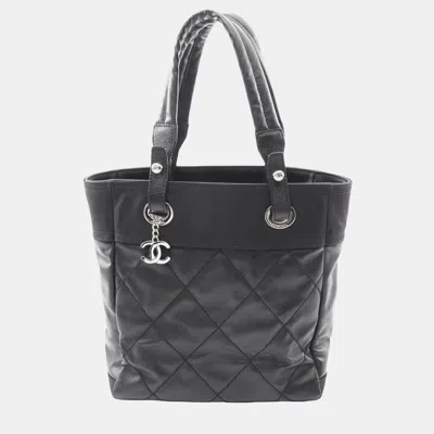 Pre-owned Chanel Black Small Quilted Coated Canvas Paris Biarritz Tote