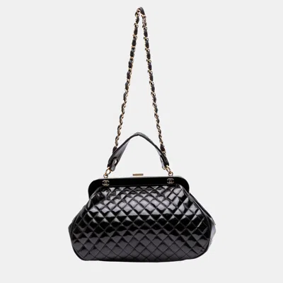 Pre-owned Chanel Black Small Quilted Glazed Calfskin Mademoiselle Frame Top Handle Bag