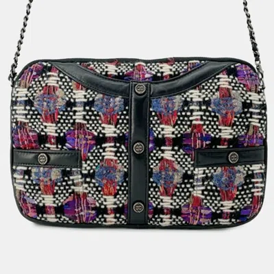 Pre-owned Chanel Black Small Tweed And Lambskin Girl Clutch On Chain