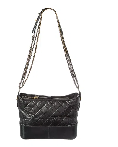 Pre-owned Chanel Black Smooth Calfskin Leather Aged Smooth Quilted Medium Gabrielle Logo Hobo (authentic Pre-l