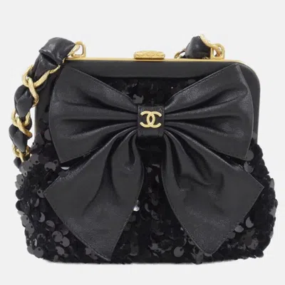 Pre-owned Chanel Black Spangle Tweed Bow Chain Clutch