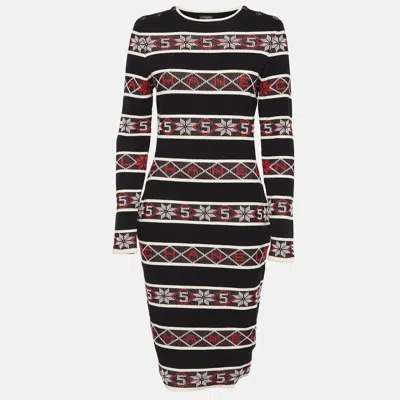 Pre-owned Chanel Black Stipe Pattern Rib Knit Bodycon Dress M