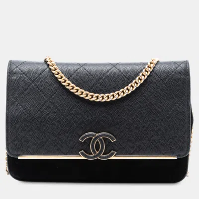 Pre-owned Chanel Black Stitched Caviar And Suede Lady Coco Wallet On Chain