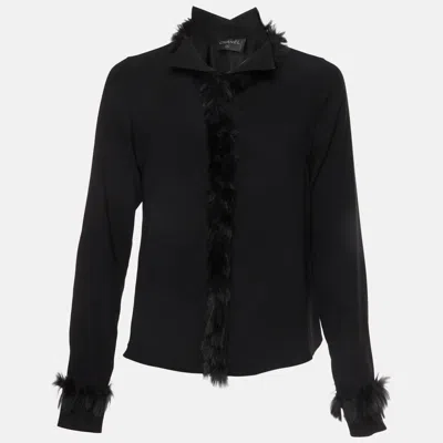 Pre-owned Chanel Black Stretch Crepe Faux Fur Trim Blouse S