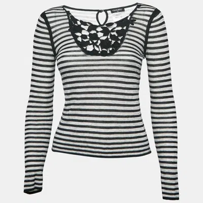 Pre-owned Chanel Black Stripe Knit Neck Lace Trimmed Top S