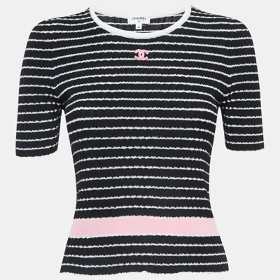 Pre-owned Chanel Black Striped Knit Logo T-shirt S