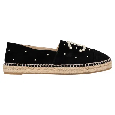 Pre-owned Chanel Black Suede 17b Cc Pearl Espadrilles Flats Shoes 42 Fit 41