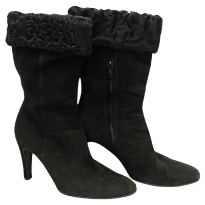 Pre-owned Chanel Black Suede And Fur Trim Ankle Boots