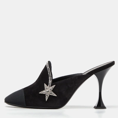 Pre-owned Chanel Black Suede And Grosgrain Crystal Star Mules Size 38