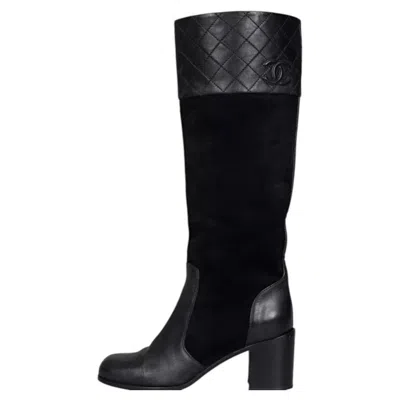 Pre-owned Chanel Black Suede & Leather Block Heel Boots Eu 37