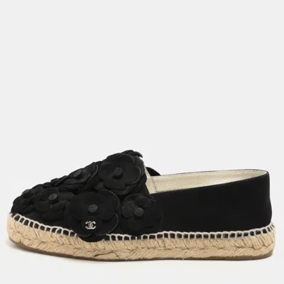Pre-owned Chanel Black Suede Camelia Cc Espadrille Flats Size 37
