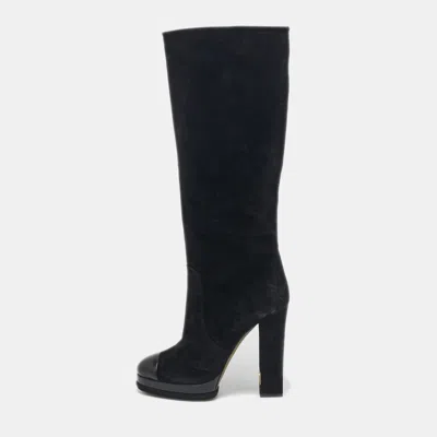 Pre-owned Chanel Black Suede Cap Toe Platform Knee Length Boots Size 40