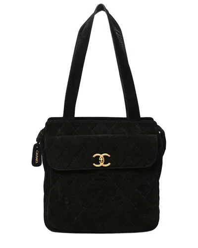 Pre-owned Chanel Black Suede Leather Quilted Cc Shopping Tote (authentic Pre-loved)