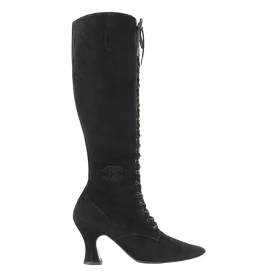 Pre-owned Chanel Black Suede Leather Victorian Look Knee-high Lace Up Pointed Toe Boots