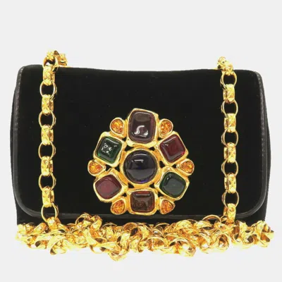 Pre-owned Chanel Black Suede Multicolor Stone Gold Chain Shoulder Bag