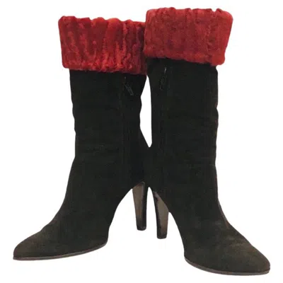 Pre-owned Chanel Black Suede With Red Fur Trim Ankle Boots