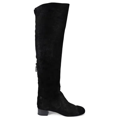 Pre-owned Chanel Black Textured Suede Mirror Heel Over-knee Boots Shoes 39.5