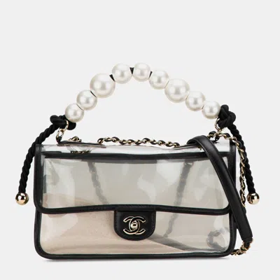 Pre-owned Chanel Black Transparent Medium Pvc And Lambskin Sand By The Sea Flap With Pearl Strap