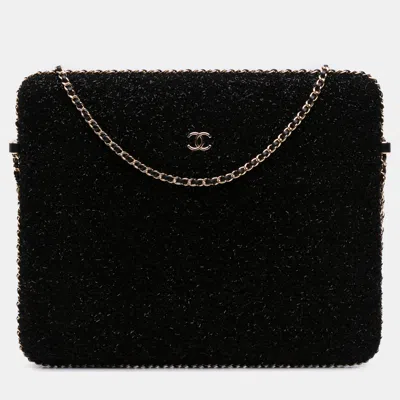 Pre-owned Chanel Black Tweed Chain Around Tablet Holder