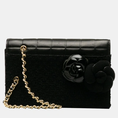 Pre-owned Chanel Black Tweed Chocolate Bar Camellia Clutch