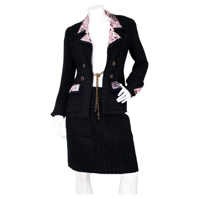 Pre-owned Chanel Black Tweed Houndstooth & Pink Print Jacket & Skirt Suit Set 1993