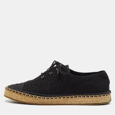 Pre-owned Chanel Black Tweed Interlocking Cc Logo Espadrille Lace Up Oxfords Size 39