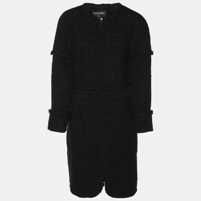 Pre-owned Chanel Black Tweed Mid Length Coat L