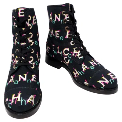 Pre-owned Chanel Black Tweed Printed Lace-up Combat Boots