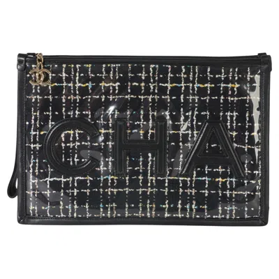 Pre-owned Chanel Black Tweed Pvc Lambskin Logo Large Pouch