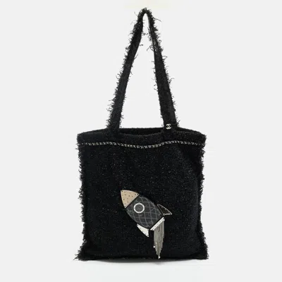 Pre-owned Chanel Black Tweed Rocket Embellished Shopper Tote