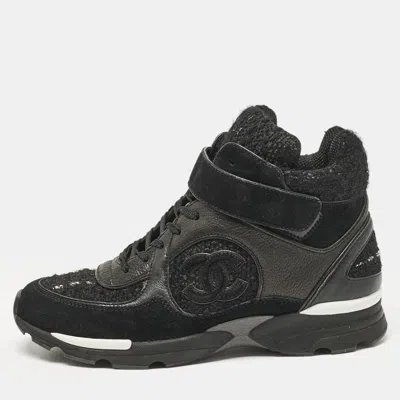 Pre-owned Chanel Black Tweed Suede And Leather Cc High Top Sneakers Size 38