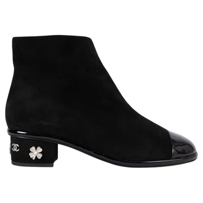 Pre-owned Chanel Black Velvet 2017 17k Charm Heel Ankle Boots Shoes 38