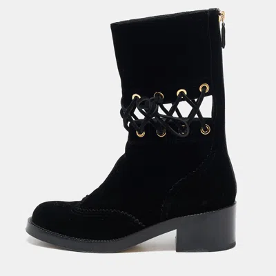 Pre-owned Chanel Black Velvet Lace Mid Calf Boots Size 38.5