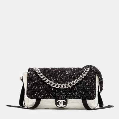 Pre-owned Chanel Black White Bicolor Tweed And Nylon Astronaut Essentials Flap