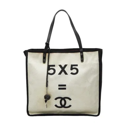 Pre-owned Chanel Black White Canvas Leather Beach Bag Shoulder Bag Tote Bag () In Multi