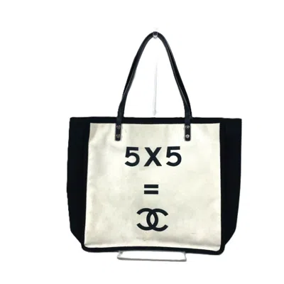 Pre-owned Chanel Black White Canvas Leather Shoulder Bag Tote Bag () In Multi
