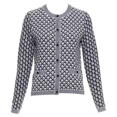 Pre-owned Chanel Black White Cashmere Velvet Buttons Crew Cardigan Fr38 M