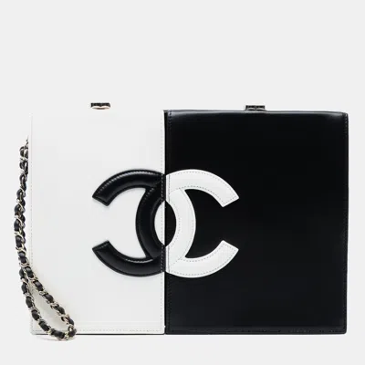 Pre-owned Chanel Black White Cc Lambskin Split Clutch With Chain
