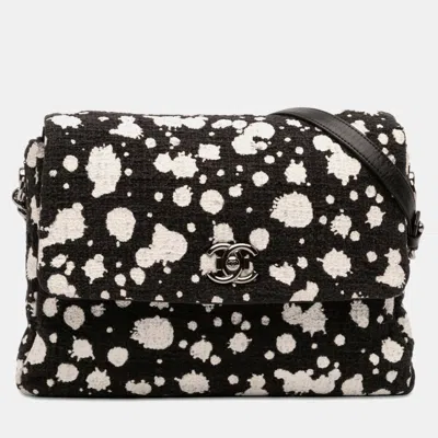 Pre-owned Chanel Black White Cc Tweed Paint Splatter Flap